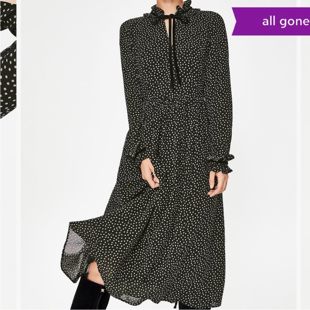 Boden Black Scattered Spot Cecilla Midi Dress V-Neck Long Sleeve Size 10